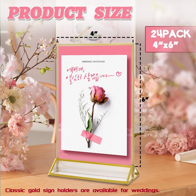 TonGass 24-Pack 4x6 Standard Double-Sided Acrylic Wedding Table Numbers Picture Frames  Clear Sign Holders with 3mm Gold Border & Vertical Stand - Image 2